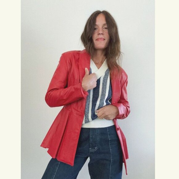 NWT Vintage XS Womens 80s Red Leather Peplum CHIA Fitted Sexy Cinch Jacket Coat - Picture 2 of 16